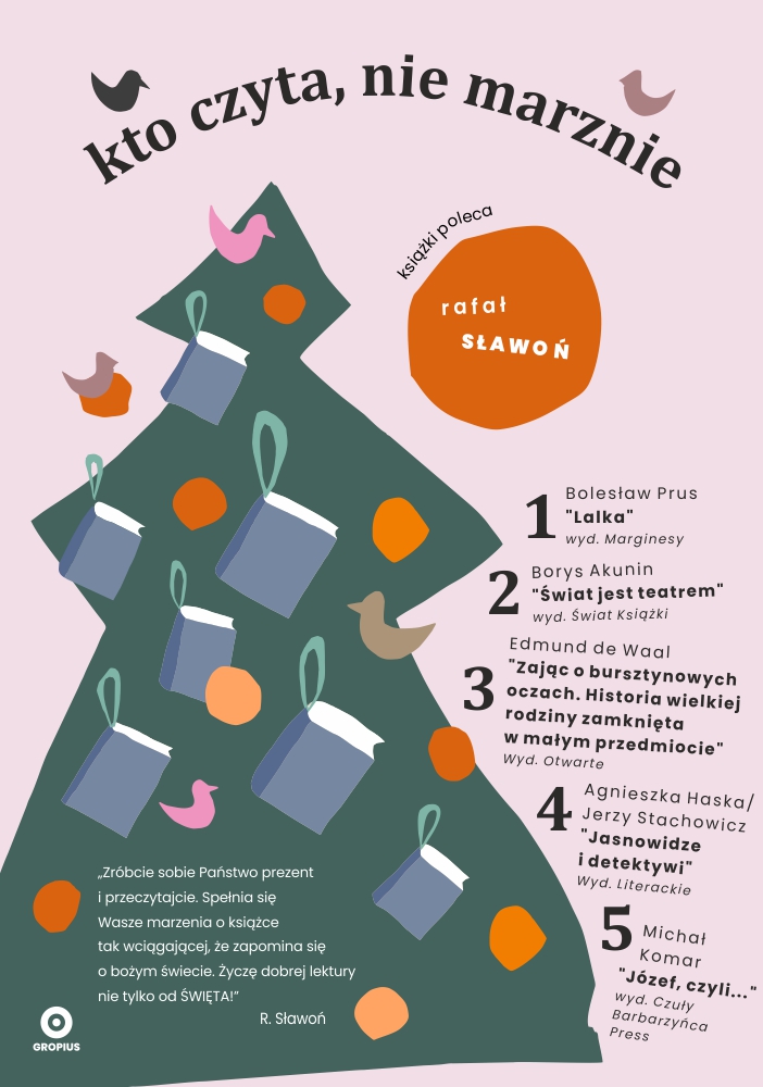 Plakat z listą książek polecanych przez Rafała Sławonia